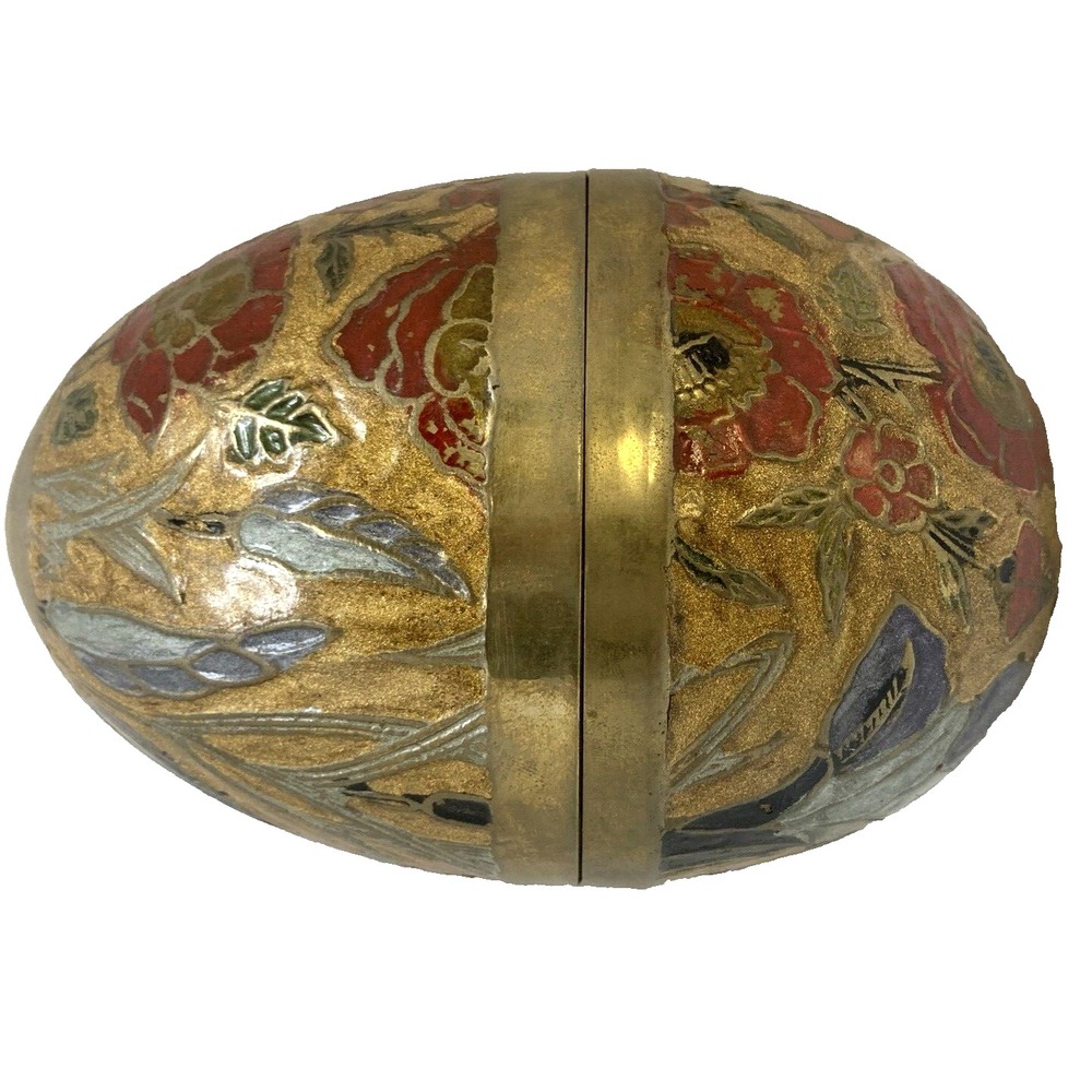 Vintage Cloisonne Brass Egg 8.25" Tall Trinket Box India Floral